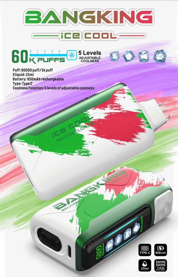 【Bang King Ice Cool 60000口拋棄式】爆款上新/一次性超大容量5級可調涼度可充電電子煙/派對解癮神器｜美滋滋糖果屋